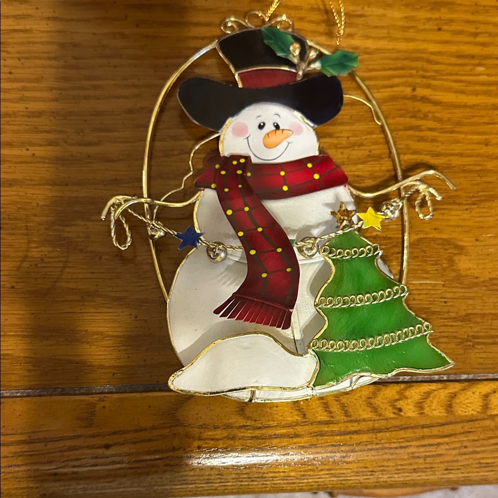 Festive Snowman Ornament with Christmas Tree . Adorable!